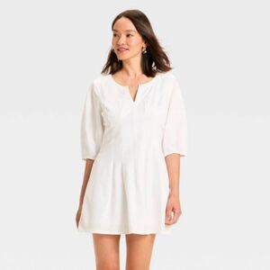 A New Day Classic White Puff Sleeve Mini A-Line Linen Blend Dress Size 12